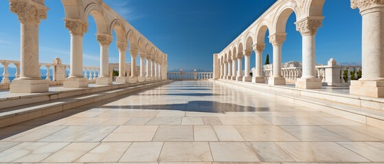 Obraz premium Details of the marble steps and colonnade of stone columns. building entryway, row of classical pillars,.