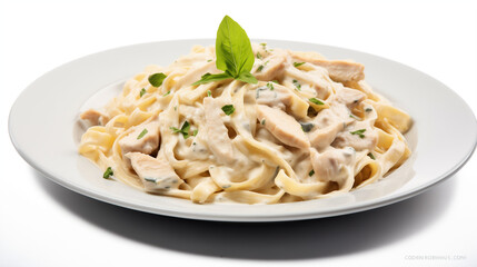 Italian Chicken Alfredo Pasta on Isolated White Background