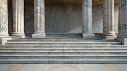 Details of the marble steps and colonnade of stone columns. building entryway, row of classical pillars,.