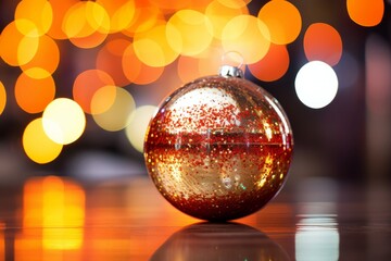 Fototapeta na wymiar A detailed look at a sparkling bauble reflecting the lively hues of a New Year's Eve party