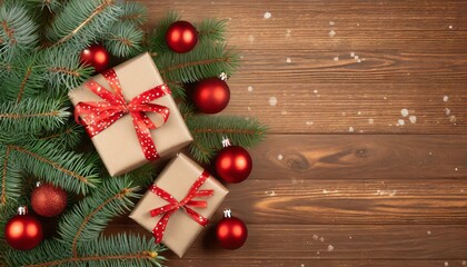 Christmas and New Year holidays composition. Gift boxes, fir tree and red christmas balls on a wooden background