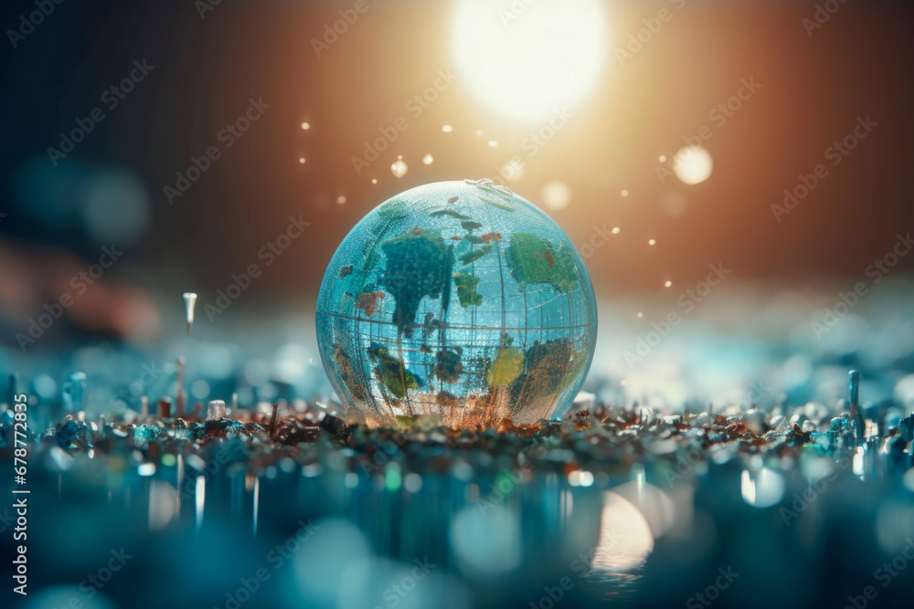 Poster earth floating with plastic danger for environment - generative ai
