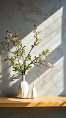 Perfect for backdrop displays in product presentations and text mockups with copyspace, this white marble table features a tree shadow on a textured concrete wall..