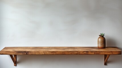 Wooden ledge on a white wall .