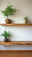 Wooden ledge on a white wall .