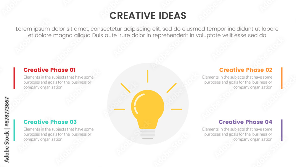 Poster creative idea concept infographic 4 point stage template with lightbulb on circle center symmetric f