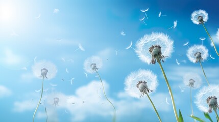 Captivating dandelion seeds float through the sky.