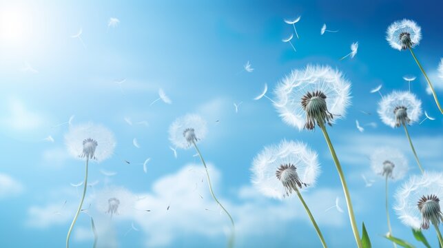 Captivating dandelion seeds float through the sky.