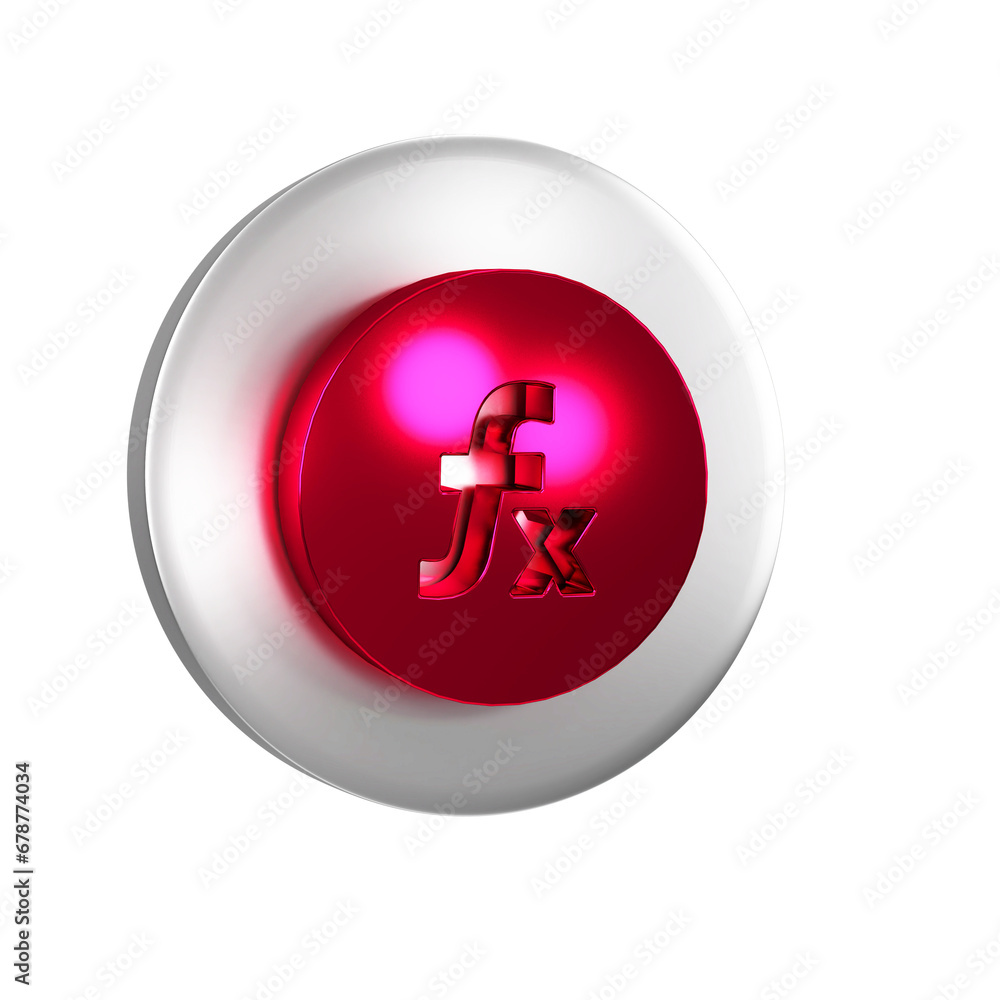 Poster red function mathematical symbol icon isolated on transparent background. silver circle button.