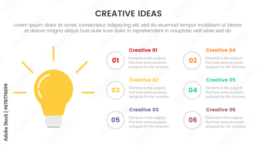 Poster creative idea concept infographic 6 point stage template with lightbulb on left column with outline 