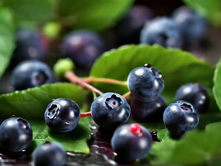 Fresh blueberries with green leaves on dark background. 