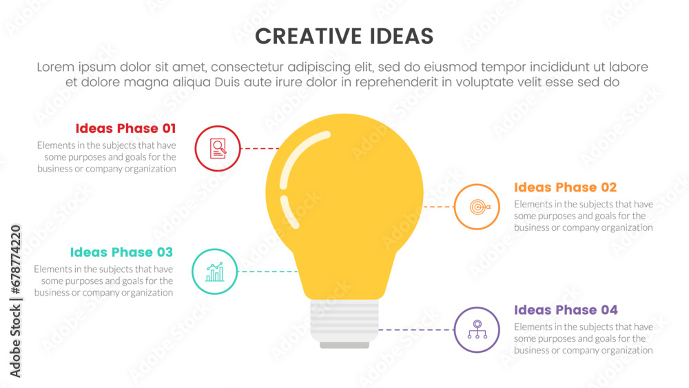 Poster creative idea concept infographic 4 point stage template with lightbulb and outline circle line dott