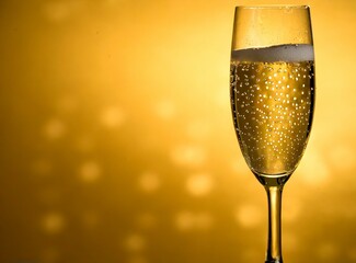 Bubbly champagne glass closeup isolated on golden background with copy space, New Year Concept