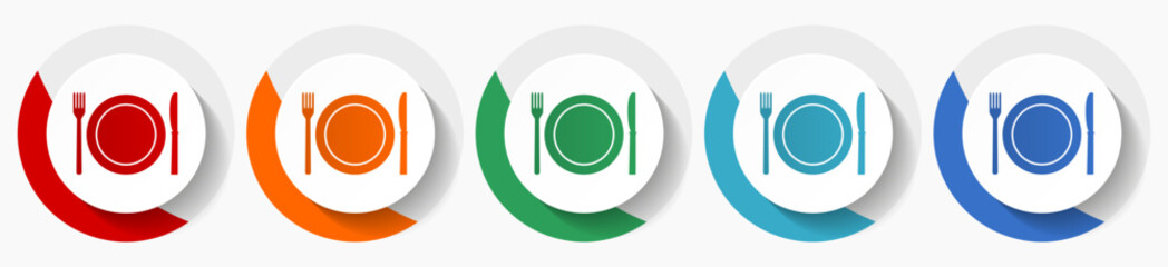 Restaurant vector icon set, flat design colorful round food icons in 5 color options for webdesign and mobile applications