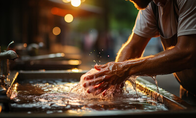 A Man Engaged in Personal Hygiene, Ensuring Cleanliness and Health - obrazy, fototapety, plakaty