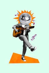 Creative artwork picture collage of weird strange person with disco ball face play acousitc guitar...