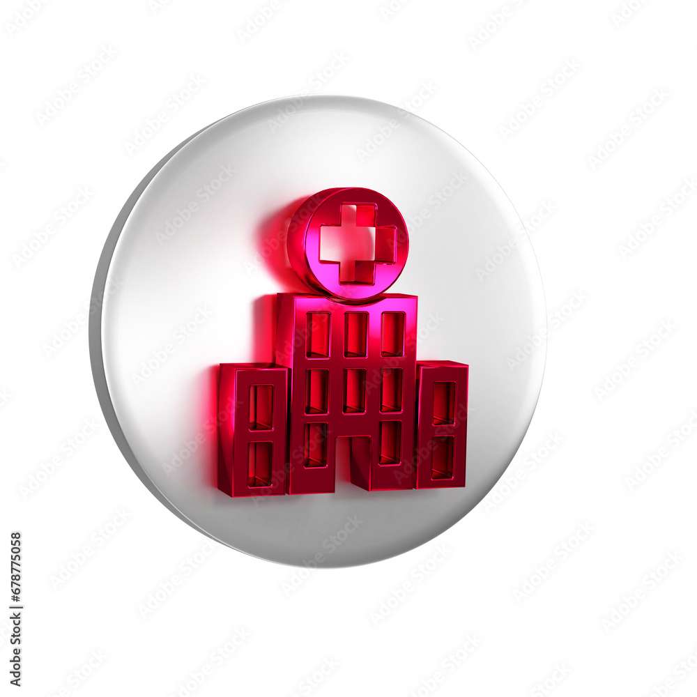 Sticker Red Medical hospital building with cross icon isolated on transparent background. Medical center. Health care. Silver circle button.