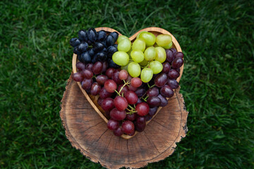 heart-shaped plate with colorful, tasty, ripe grapes. bunches with large berries of pink, blue,...