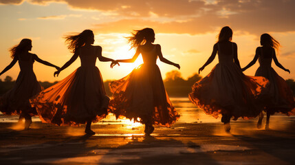 Sunset Serenade: A Dynamic Dance Performance by a Group of Women on the Beach