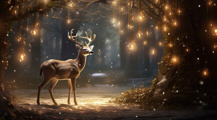 christmas in the woods featuring a deer of antlers with gifts
