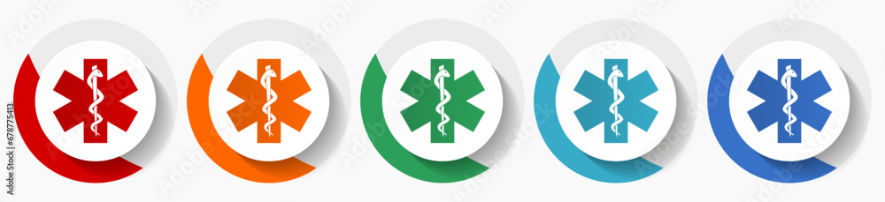 Poster Hospital vector icon set, flat design colorful round emergency icons in 5 color options for webdesign and mobile applications
