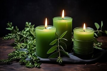 Fototapeta na wymiar green candles on a dark surface