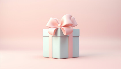 Obraz premium 3d pastel closed gift box standing on the floor with pastel ribbon bow isolated on a light background. 3d render modern holiday surprise box. Realistic cute icon. Valentine,Birthday,present 