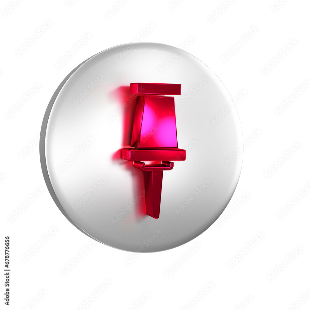 Poster red push pin icon isolated on transparent background. thumbtacks sign. silver circle button.