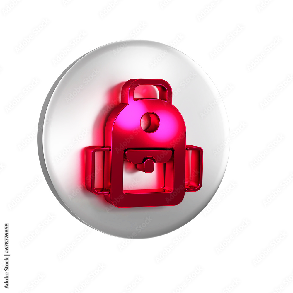 Poster red school backpack icon isolated on transparent background. silver circle button.