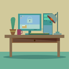 Office workplace interior. Flat desing vector and illustration. Computer desktop working space