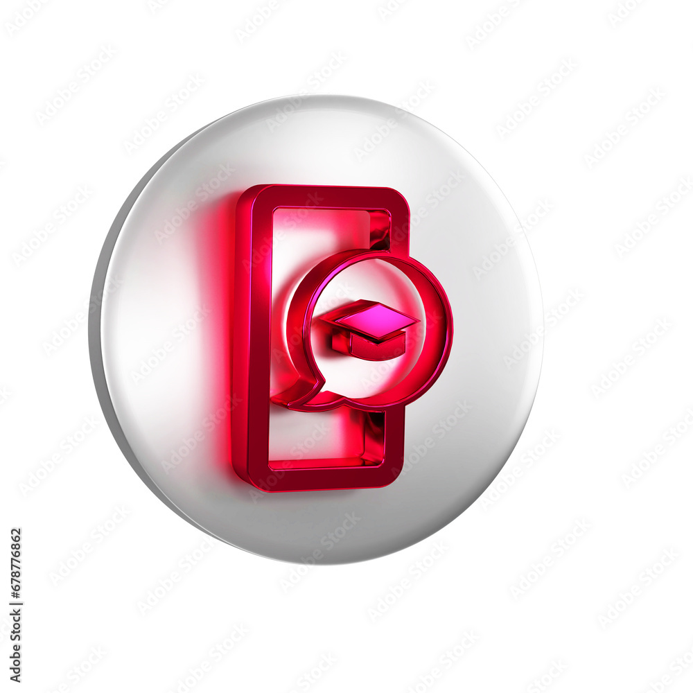 Poster red graduation cap on screen smartphone icon isolated on transparent background. online learning or 