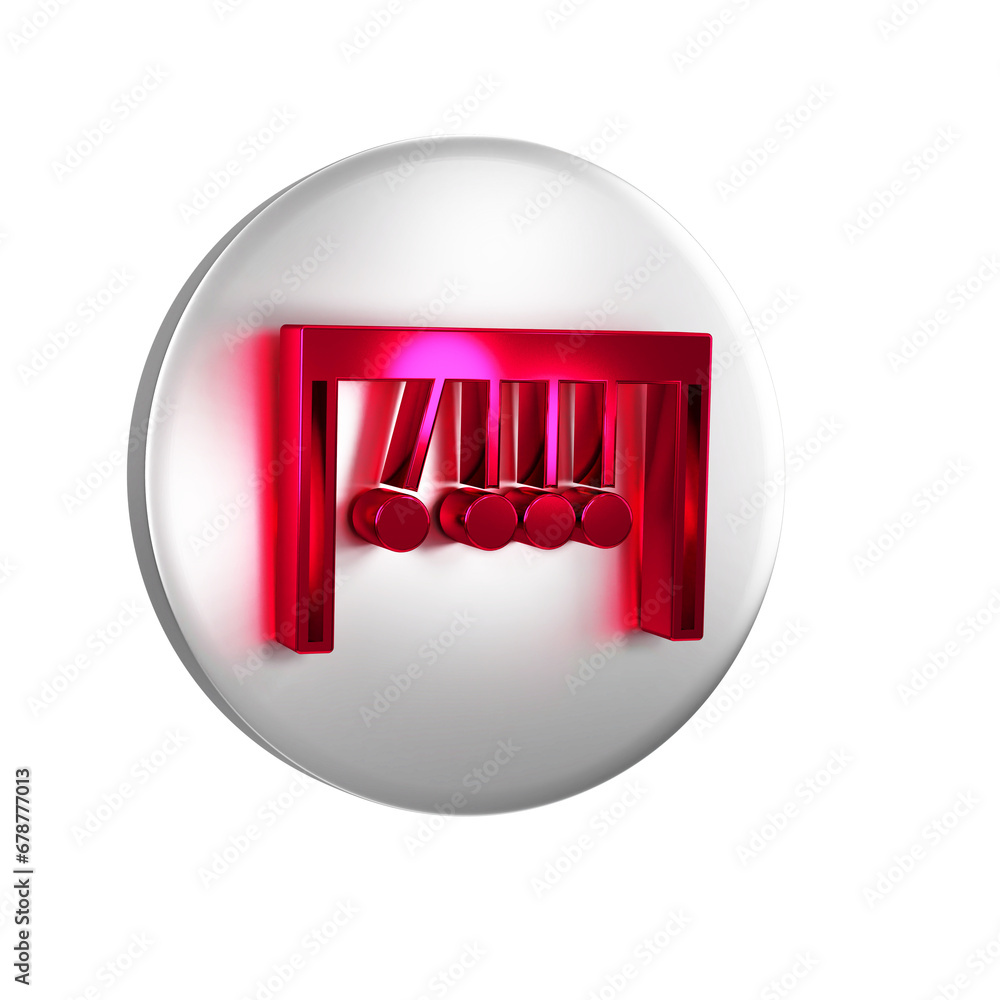 Poster red pendulum icon isolated on transparent background. newtons cradle. silver circle button.