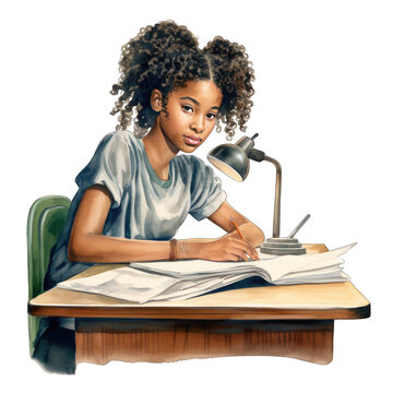 African American teenager studying and doing homework at a desk