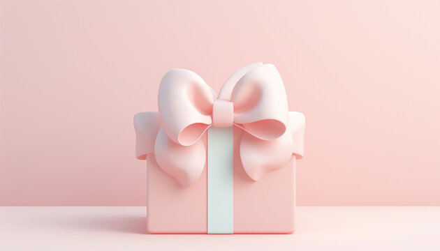 3d pastel closed gift box standing on the floor with pastel ribbon bow isolated on a light background. 3d render modern holiday surprise box. Realistic cute icon. Valentine,Birthday,present 