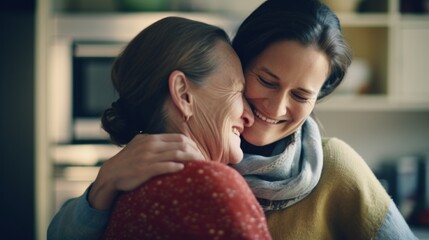 Old and young woman hug each other - obrazy, fototapety, plakaty