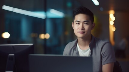 An Asian man working on his laptop at a desk.