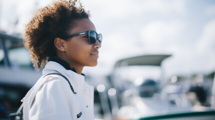 African woman biologist researcher on research boat