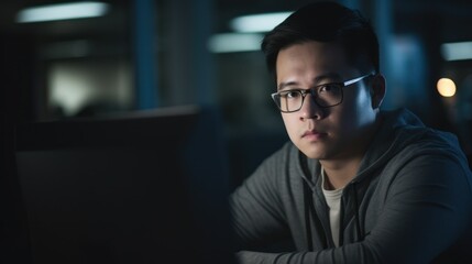 Obraz premium An Asian man working on his laptop at a desk.