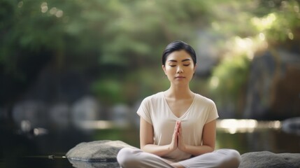 Fototapeta premium A serene Asian woman finding inner peace as she meditates in the tranquil waters.