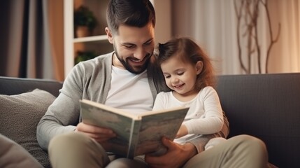 Fototapeta premium Happy father relax and read book with baby time together at home. parent sit on sofa with daughter and reading a story. learn development, childcare, laughing, education, storytelling, practice.