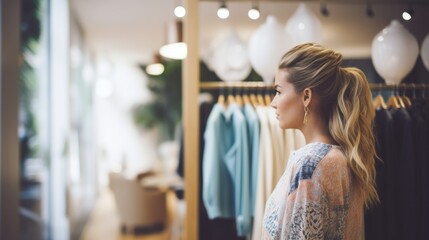 Woman browsing clothes in store.