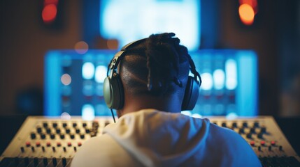A person wearing headphones in a recording studio, immersed in the world of sound creation.