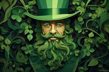 Illustration of leprechaun with green leaves ornament background, St. Patrick's day concept, banner card wallpaper 
