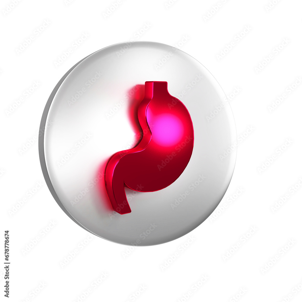 Sticker Red Human stomach icon isolated on transparent background. Silver circle button.