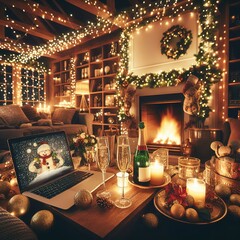 Cozy and Festive Digital Scene of A New Year's Eve Celebration at Home, Complete With Twinkling Lights, A Fireplace, And Toasting Champagne