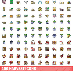 100 harvest icons set. Color line set of harvest vector icons thin line color flat on white