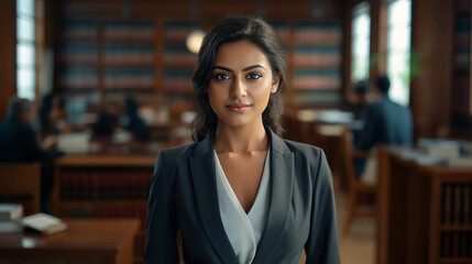 Portrait of a young indian female lawyer smiling and happy at her workplace in the office. Indian lawyer, technologist and professional face, female lawyer and legal consultant in a law firm. - obrazy, fototapety, plakaty