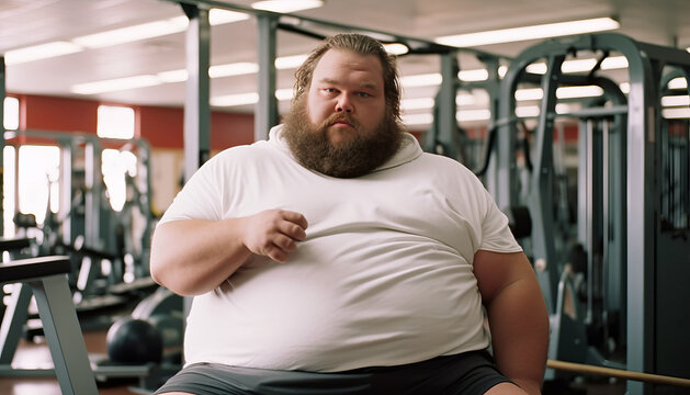 Overweight man in gym, 2000-pound character, chubby appearance, fitness journey.