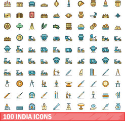 100 india icons set. Color line set of india vector icons thin line color flat on white