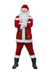 Attractive, smiling Cool Santa Claus in full body isolated on free PNG Background - Positive Christmas or New Year concept.